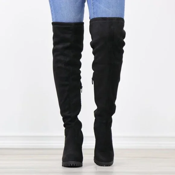 Black Thigh High Boots Over The Knee Block Lug High Heel Faux Suede Round Toe - Picture 10 of 13